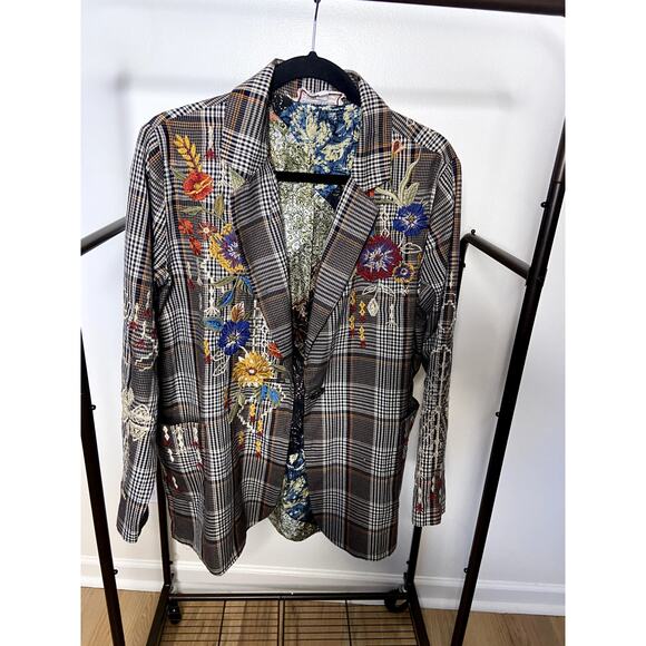 Johnny Was Olivia Embroidered Brown Plaid Floral Blazer Jacket size S - Picture 2 of 8